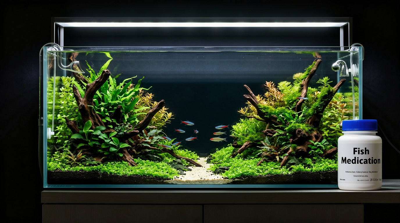 Firefly_Flux_A realistic fish tank with a bottle of fish medication sitting next to it 971059