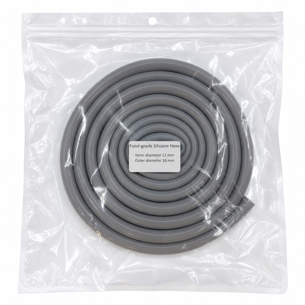 A coiled gray silicone hose inside a clear plastic resealable bag with a white label reading 'Food-grade Silicone Hose' and dimensions.