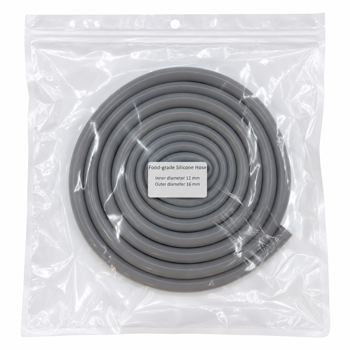 A coiled gray silicone hose inside a clear plastic resealable bag with a white label reading 'Food-grade Silicone Hose' and dimensions.