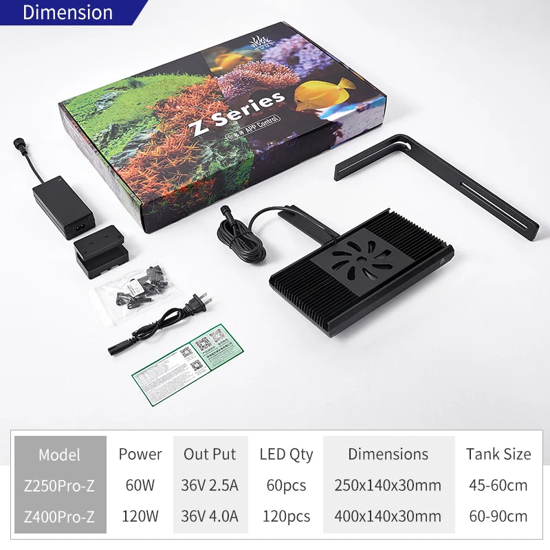 A Z Series aquarium LED light kit with its retail box, accessories, and a dimension comparison table. The kit includes a black rectangular light unit with a fan, a black bracket, a power adapter, a power cord, and small mounting hardware, shown on a white background.