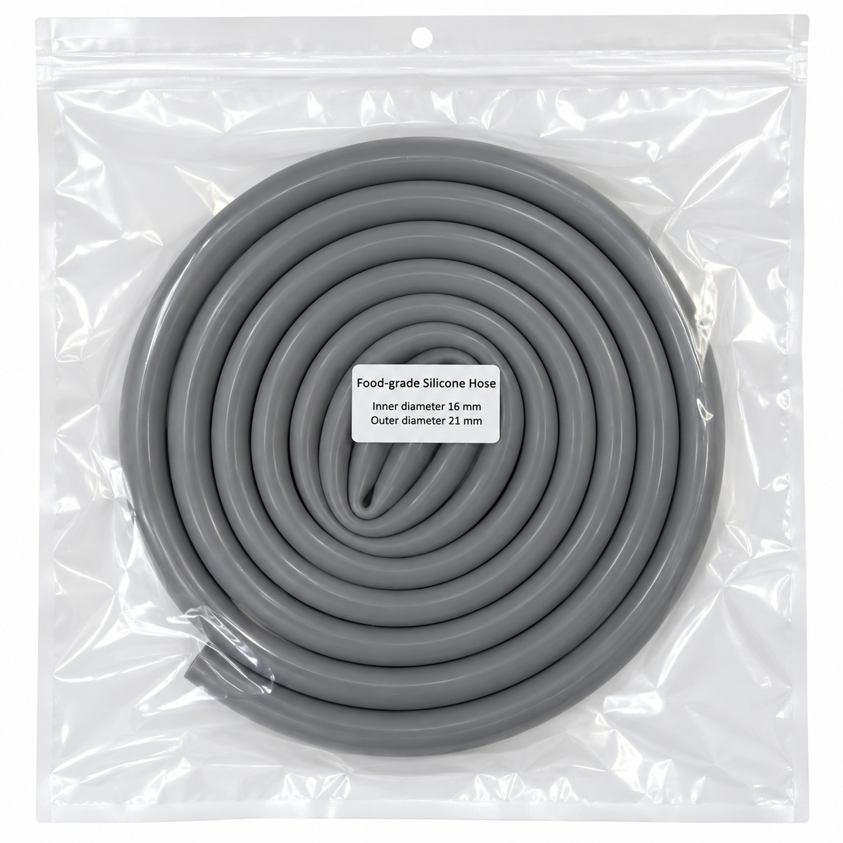 A coiled gray silicone hose sealed inside a clear plastic bag with a small white label reading 'Food-grade Silicone Hose' and dimensions.