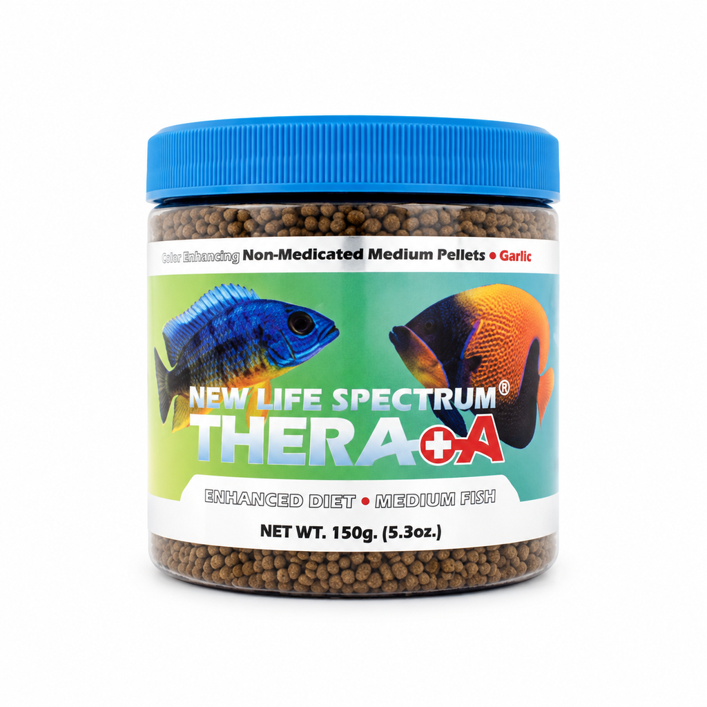 New Life Spectrum Thera+A fish food in a 150 g (5.3 oz) jar with a blue lid on a white background