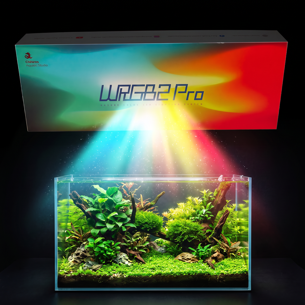 WRGB2 Pro aquarium light kit shown with its colorful product box above and a clear rectangular fish tank below, emitting blue, green, yellow, and red light beams into a planted aquarium setup on a black background.