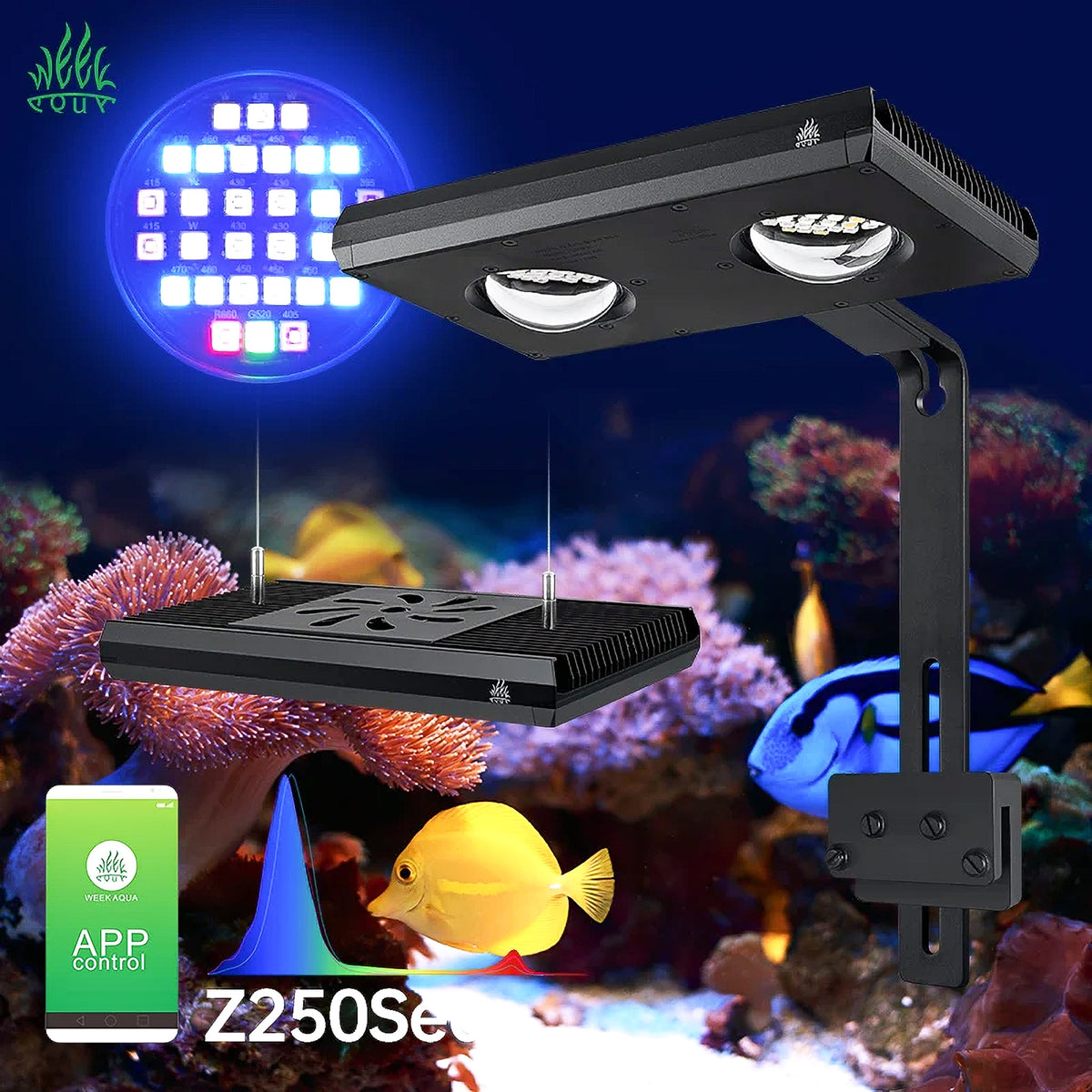 Black double-light reef aquarium LED lamp with an adjustable mounting bracket, shown over a coral reef aquarium background. Features a blue circular LED light panel graphic, a smartphone app control graphic, and the text 'Z250Se'.