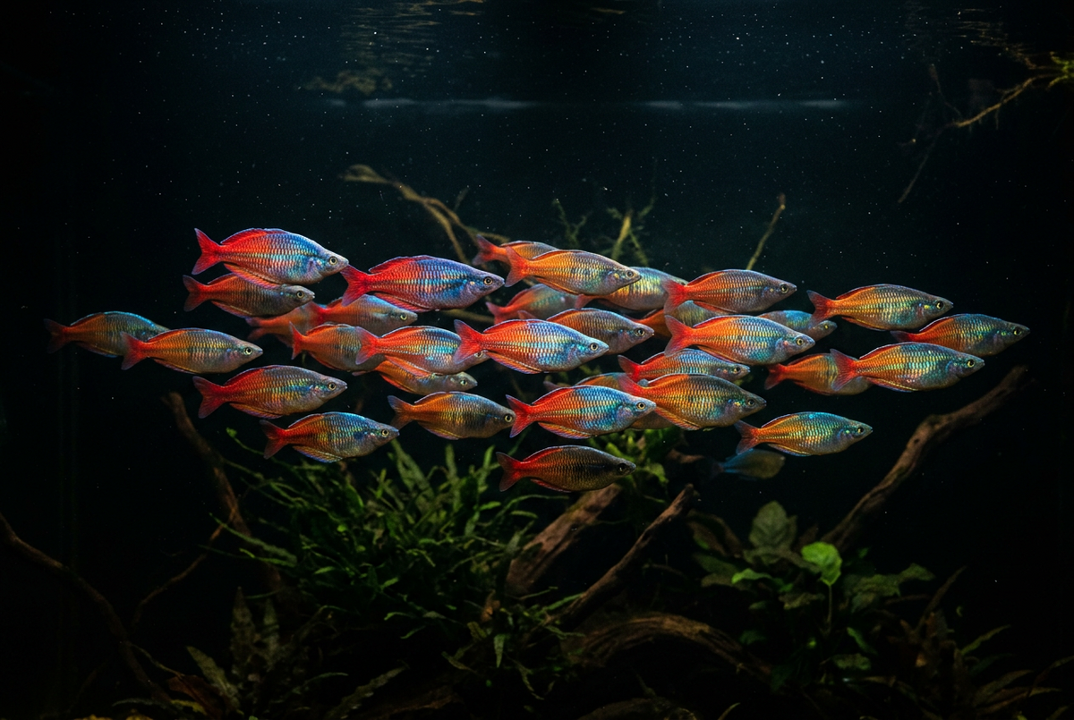 A school of small tropical fish with iridescent blue, orange, and red bodies swimming in a dark aquarium with driftwood and green aquatic plants.
