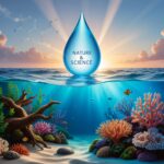 Split-scene illustration showing freshwater and saltwater habitats side by side under a glowing sunrise. Aquatic plants, driftwood, and corals are divided by a large water droplet labeled “Nature & Science.”