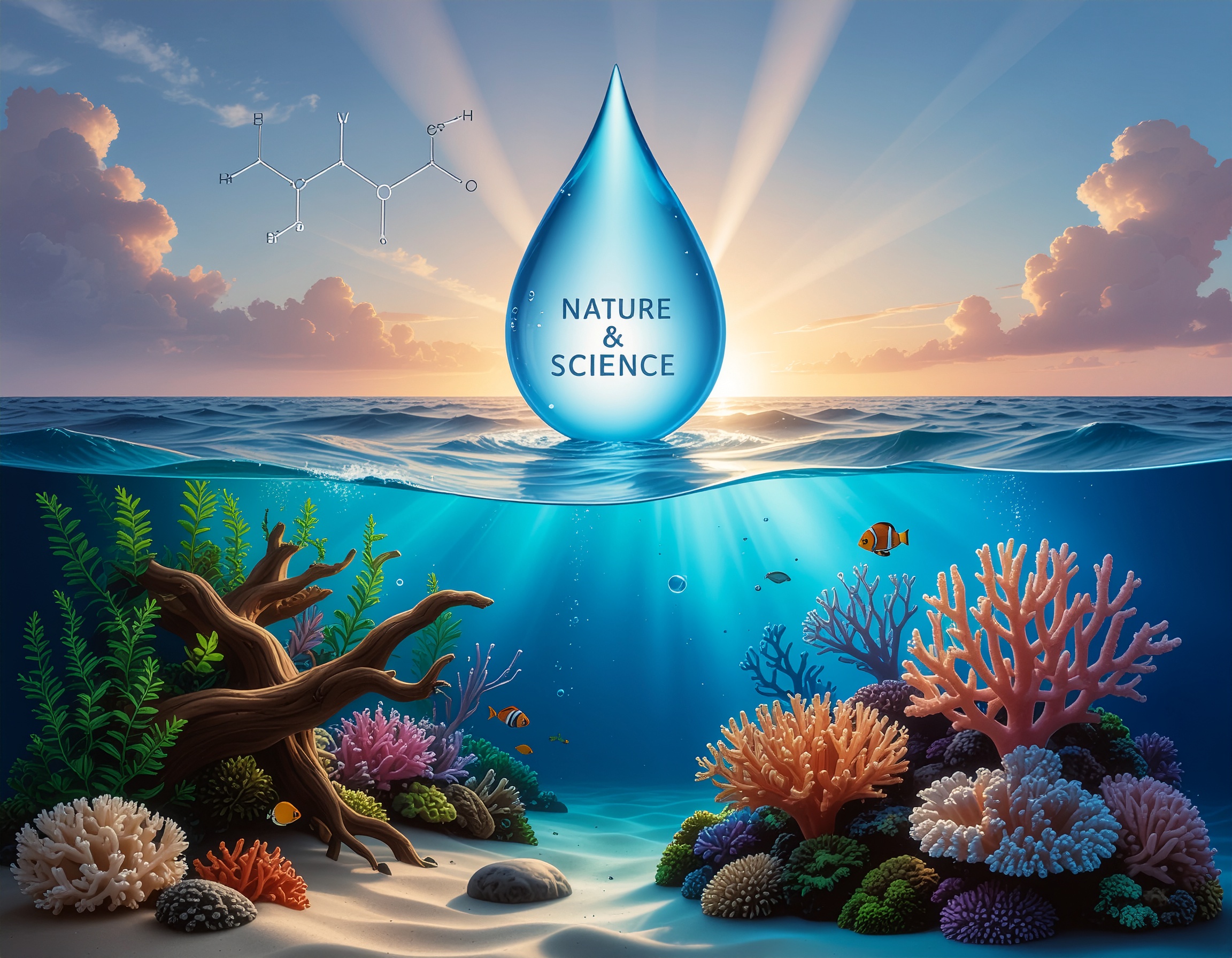 Split-scene illustration showing freshwater and saltwater habitats side by side under a glowing sunrise. Aquatic plants, driftwood, and corals are divided by a large water droplet labeled “Nature & Science.”