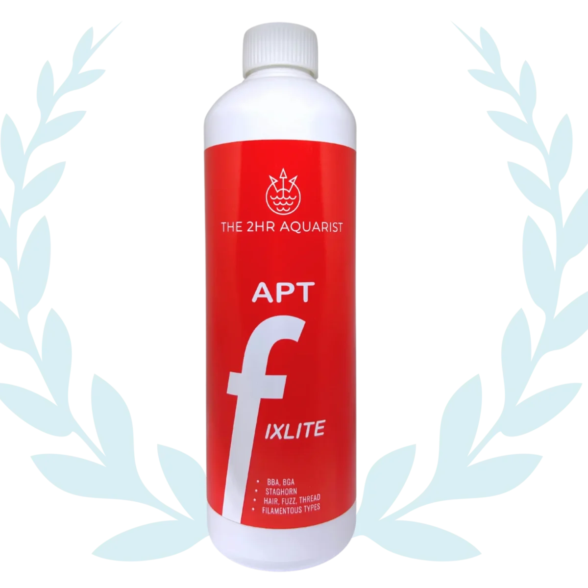 APT FIXLITE algae treatment bottle by The 2HR Aquarist, shown centered on a black background with decorative white laurel leaves. The red label highlights treatment for BBA, BGA, staghorn, hair, fuzz, and filamentous algae types.