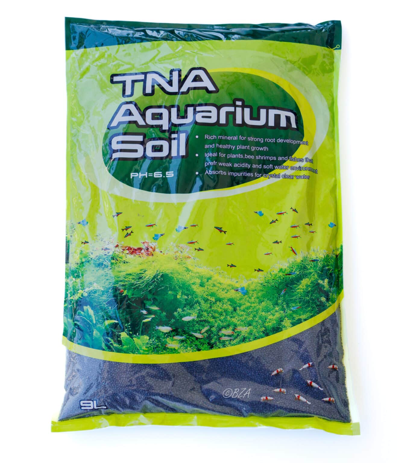 TNA Aquarium Soil 9L bag with green aquascape background and labeled pH 6.5 substrate for plants and shrimp.