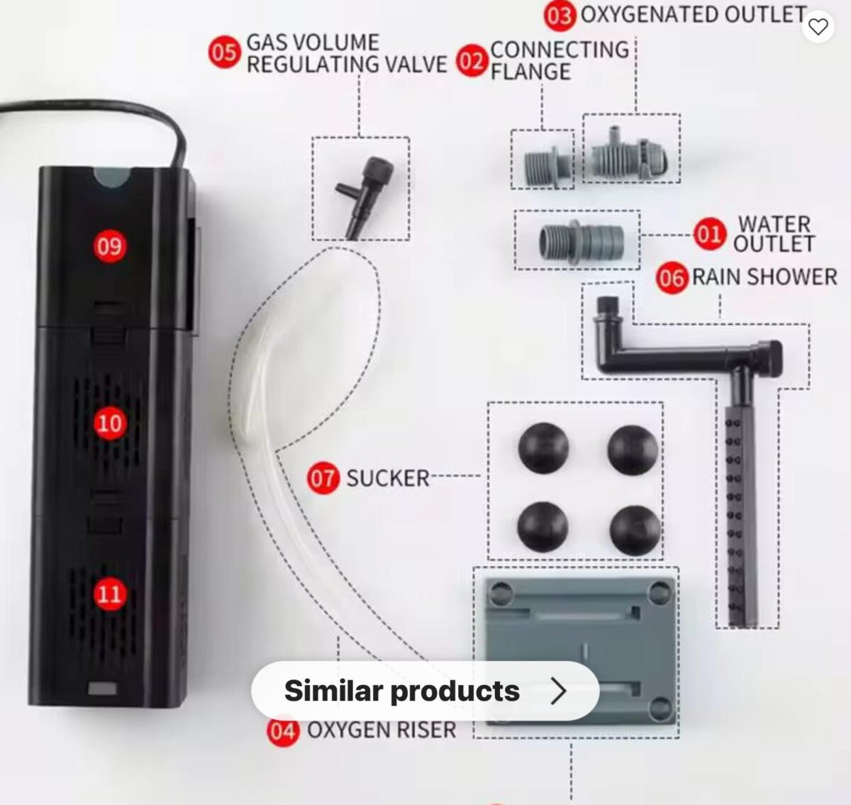 Diagram showing labeled parts of the ZY-Series internal filter, including suction cups, air inlet, and venturi nozzle