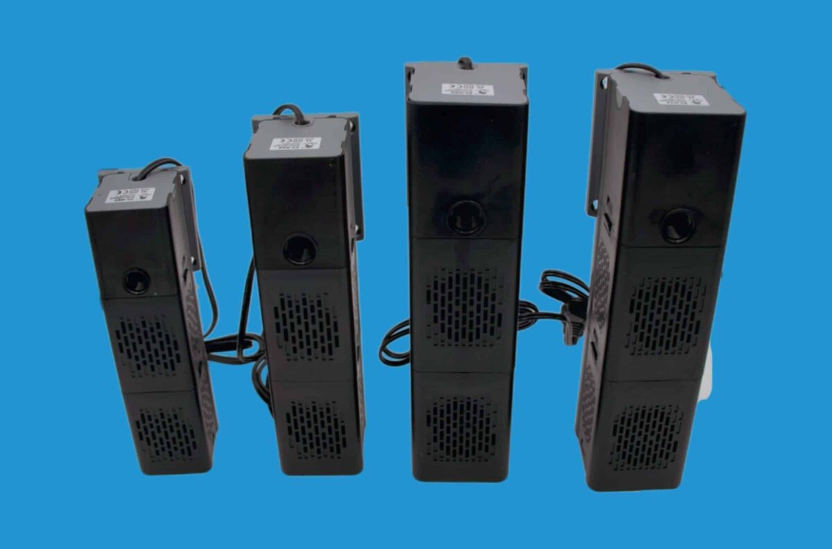 Four sizes of ZY-Series internal aquarium filters standing upright on a white background