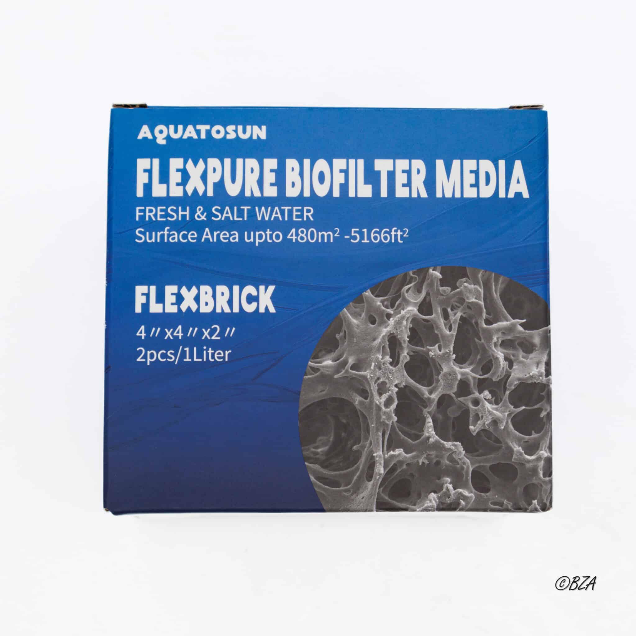 Front of Flexpure Biofilter Media retail box showing product name, surface area, and branding