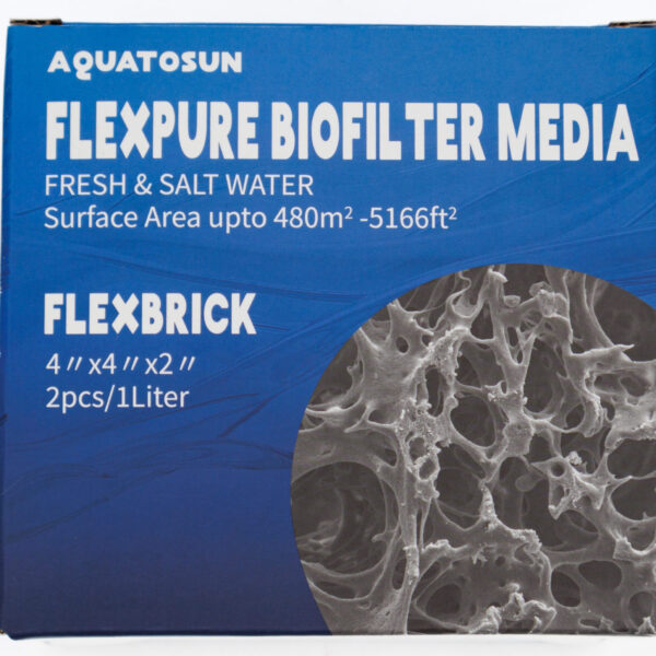 Front of Flexpure Biofilter Media retail box showing product name, surface area, and branding