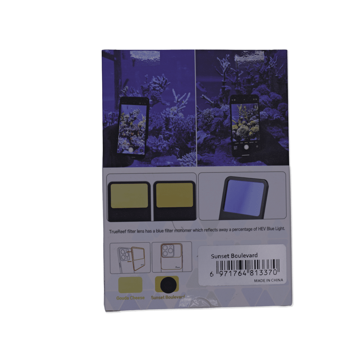 Product packaging back — Back view of the Maxspect Truereef Filter Lens box showing diagrams, product details, and barcode.