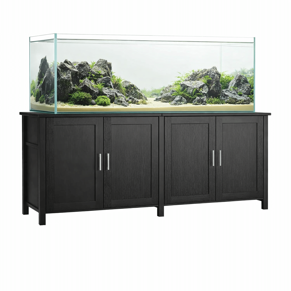 BZA Ultra Clear 130 gallon rimless aquarium on black cabinet stand, 59 inch tank centered with extended stand on both sides, aquascaped with rock and plants