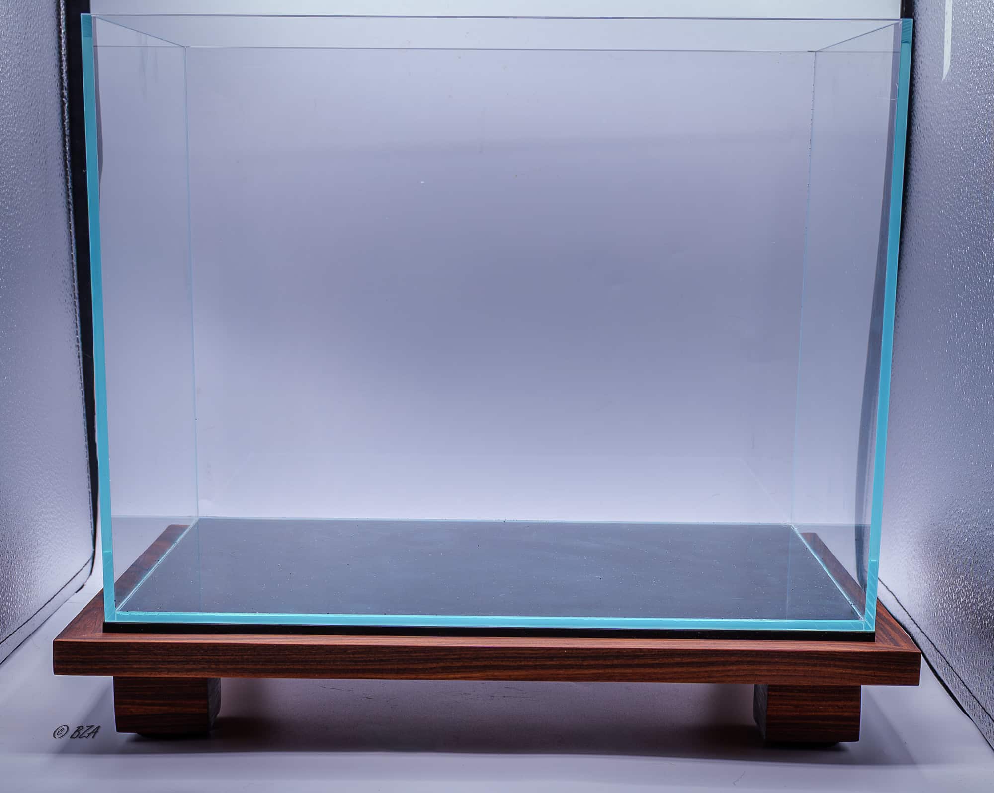 Ultra clear rimless aquarium placed on handcrafted tabletop stand